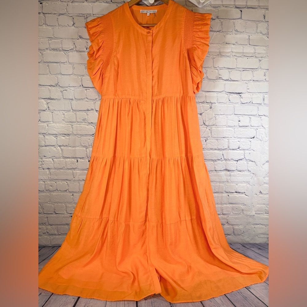 English Factory Vibrant Orange Coastal Cottagecore Romantic Tiered Midi Dress S
